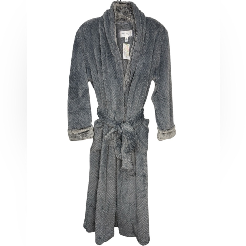 Carole Hochman Gray Plush Faux Fur Trim Long Robe NWT Size M